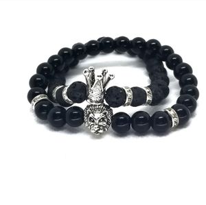 Crown & Lion Black Lava Beads Unisex Bracelets